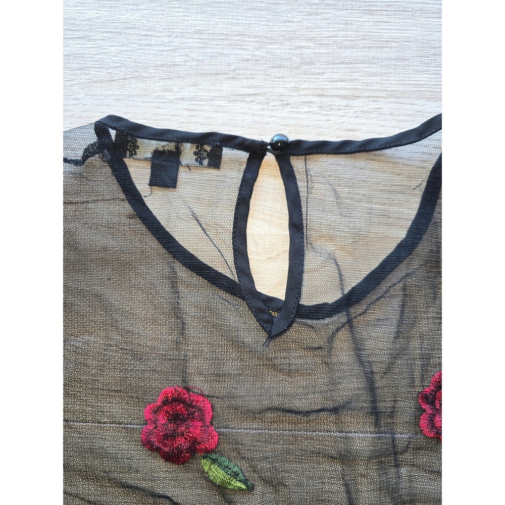 Women Sheer Mesh Top Medium Black Red Rose Embroidered Floral Y2K festival - Picture 6 of 13
